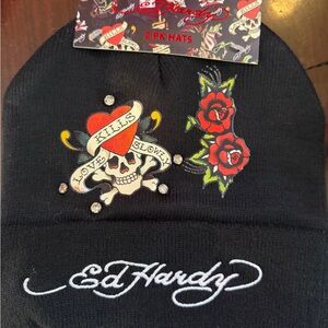 Ed Hardy Black Beanie with Skull and Rose Motif “Love Kills Slowly” 2- Pack